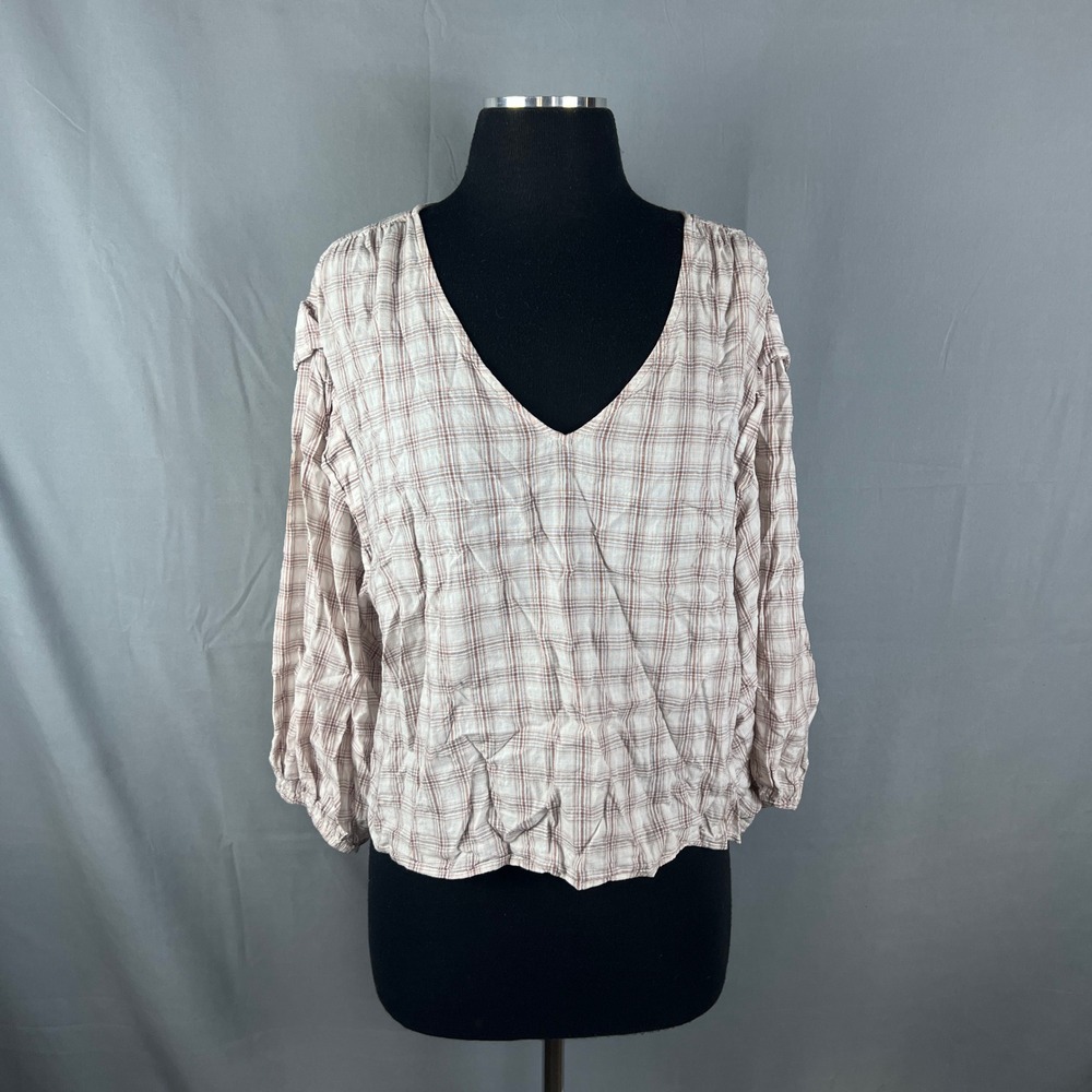 A.n.a A New Approach Blouse Top Womens XL Multicolor Plaid Balloon Sleeve V Neck
